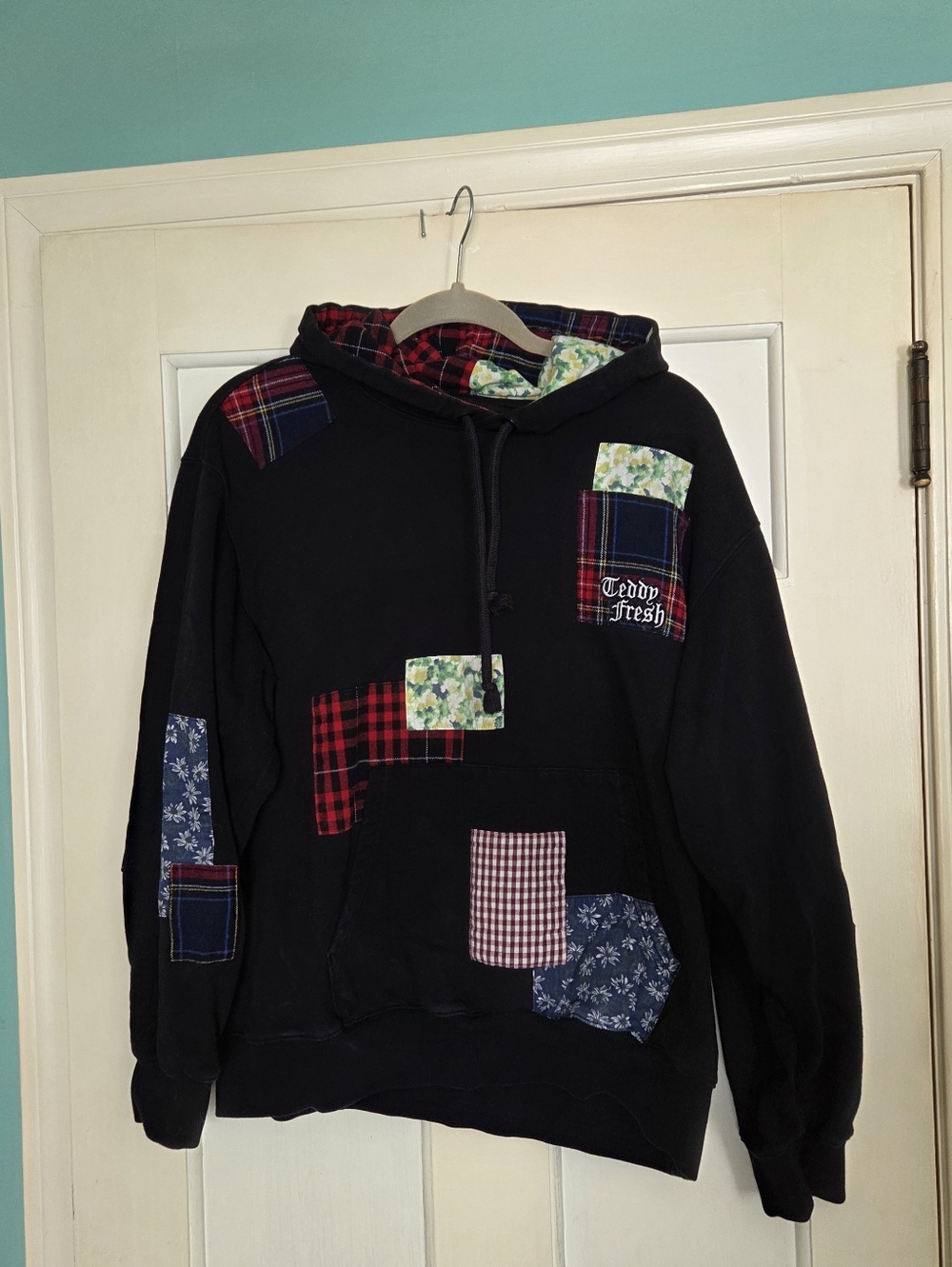 Teddy Fresh Black Patchwork Oversized Hoodie  - Size M